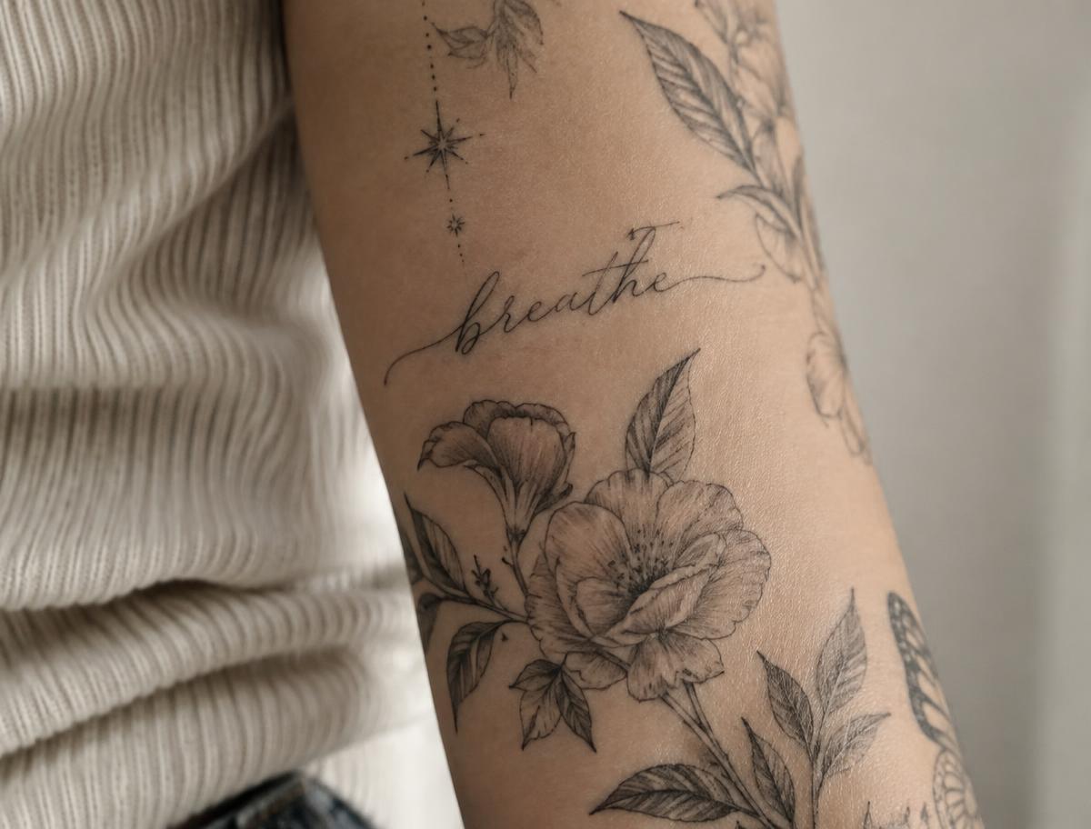 Healed fine line floral and script tattoo